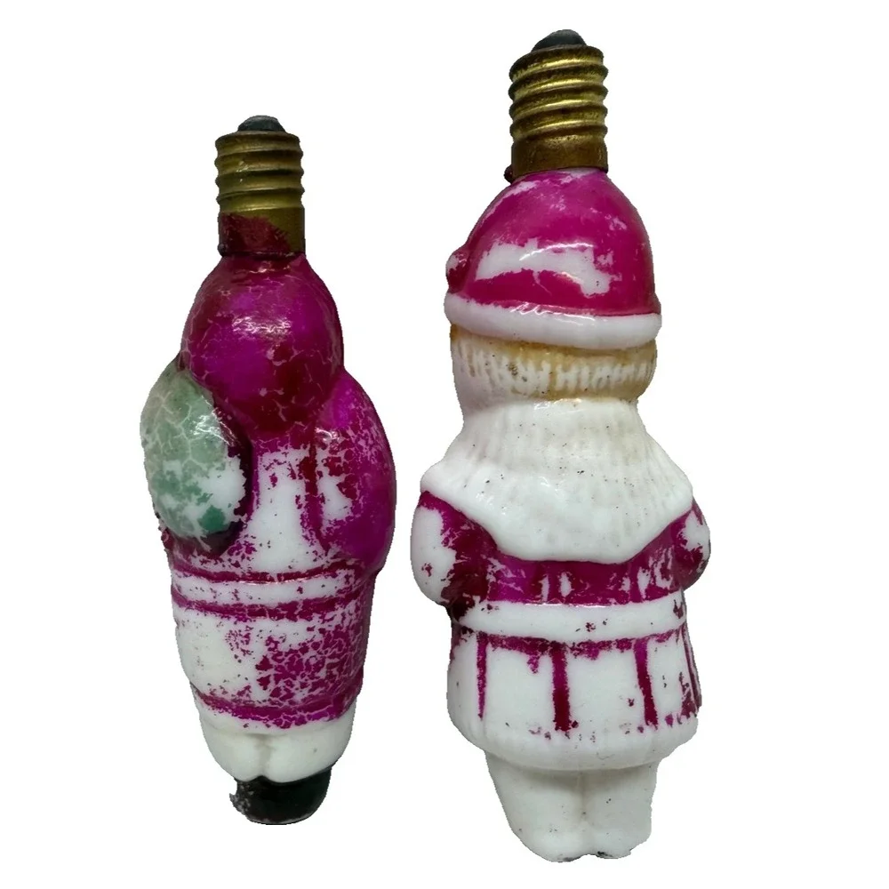 2x Vintage hand painted glass Santa‎ & Elf  light bulbs Christmas